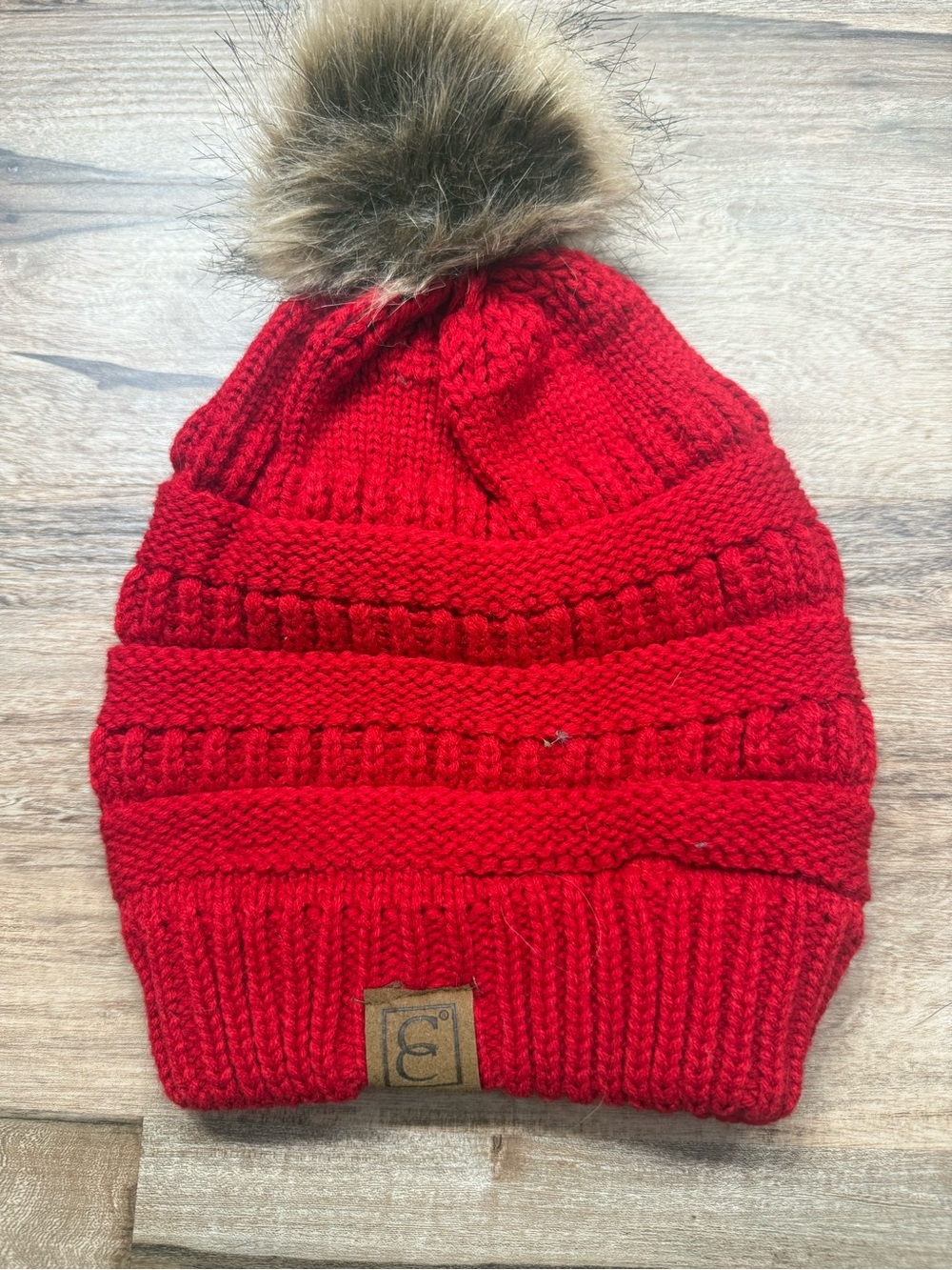 C.C Red Knit Pom Pom Hat with Faux Fur Pom